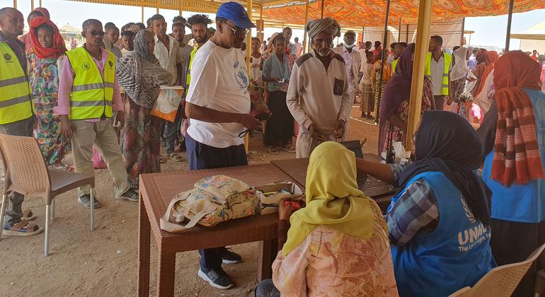 Personal del PMA supervisando la distribución de alimentos de emergencia en un campo de desplazados en Sudán.