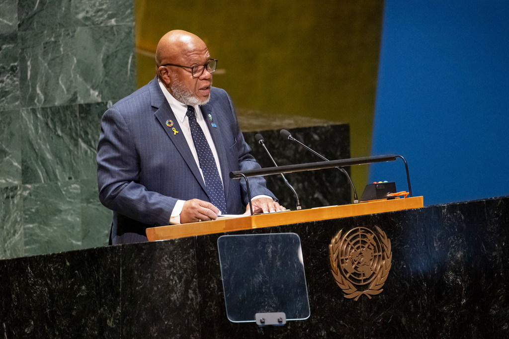 UN Secretary-General Dennis Francis speaks at a podium during a United Nations General Assembly meeting in New York.