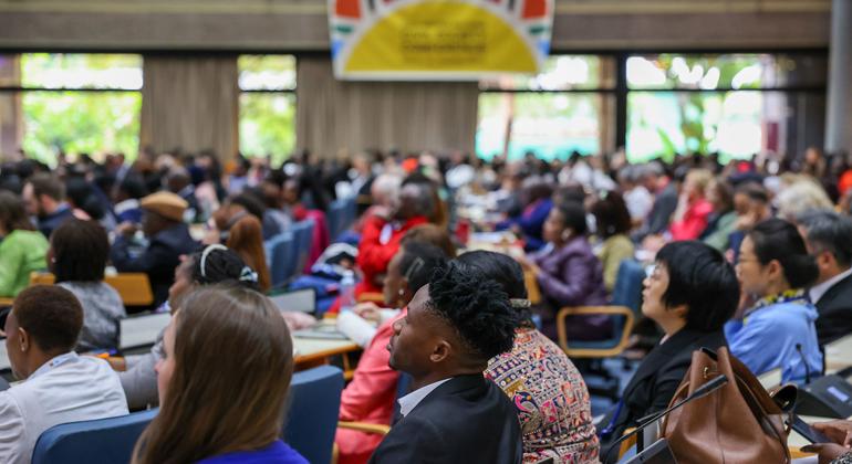Attendees at the UN Civil Society Conference in Nairobi, Kenya, listening to addresses by the speakers.