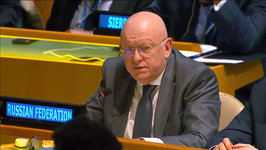 Russian Ambassador Vassily Nebenzia speaks at a podium during a resumed 10th Emergency Special Session of the UN Security Council in New York.