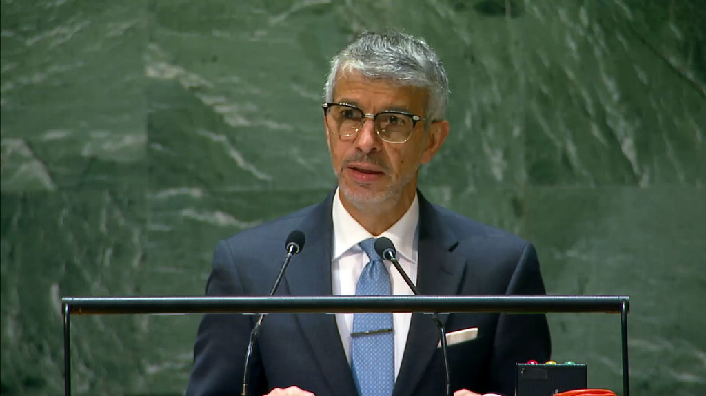 Saudi Arabian Ambassador Abdulaziz M. Alwasil speaks at a podium during a resumed 10th Emergency Special Session at the United Nations in New York.