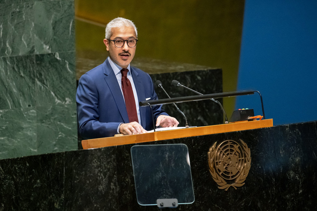 UN Ambassador Mohamed Issa Abushahab of the United Arab Emirates speaks at a podium during a meeting in New York.
