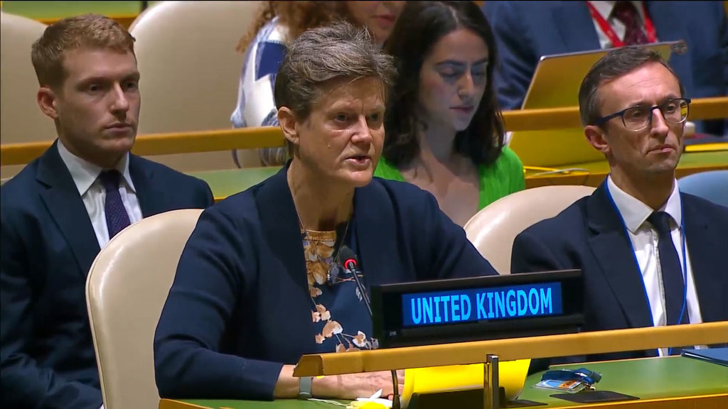 Ambassador Barbara Woodward of the United Kingdom speaks at a UN Security Council meeting.
