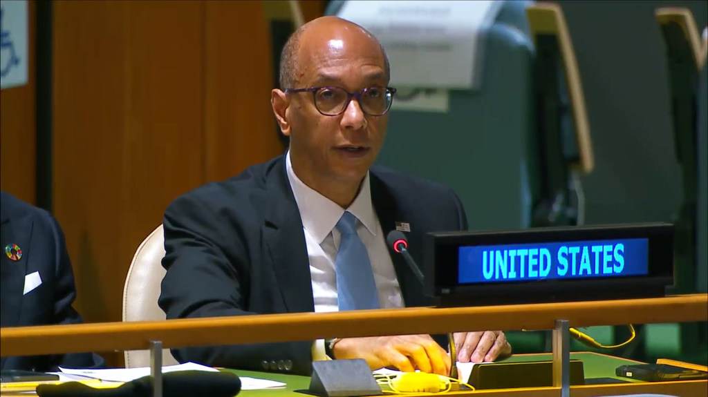 Deputy Permanent Representative Robert A. Wood of the United States speaks at a podium during a UN Security Council meeting in New York.