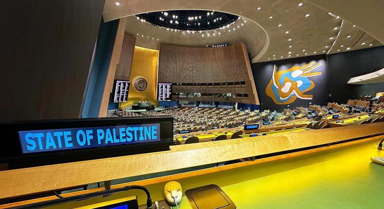 Atualmente, a Palestina tem status de Estado Observador nas Nações Unidas e senta-se no fundo do salão da Assembleia Geral.
