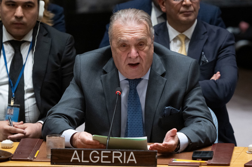 Algerian Ambassador Amar Bendjama speaks at a UN Security Council meeting.