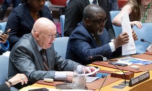 L'Ambassadeur de la Fédération de Russie, Vassily Nebenzia, s'adresse au Conseil de sécurité de l'ONU lors de sa réunion sur la situation au Moyen-Orient, y compris la question palestinienne.  
