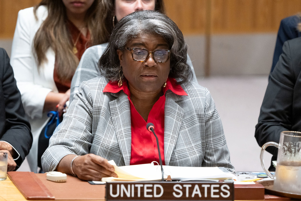Ambassador Linda Thomas-Greenfield of the United States addresses the Security Council meeting on the situation in the Middle East, including the Palestinian question.