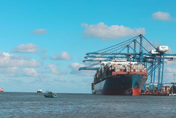 A container ship docks in Vietnam.