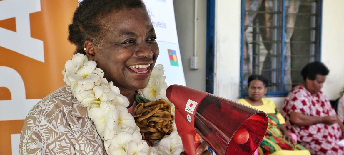 Executive Director of UNFPA Natalia Kanem speaks at the Saupia Health Centre in North Efate, Vanuatu.