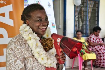 Executive Director of UNFPA Natalia Kanem speaks at the Saupia Health Centre in North Efate, Vanuatu.