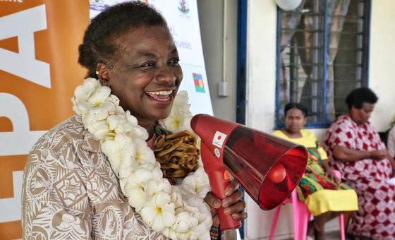Executive Director of UNFPA Natalia Kanem speaks at the Saupia Health Centre in North Efate, Vanuatu.