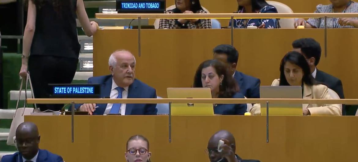 Riyad Mansour, Observateur permanent de l'État de Palestine auprès de l'ONU, lors de la réunion de l'Assemblée générale.