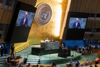 Secretary-General António Guterres (at podium and on screens) addresses the first plenary meeting of the 79th session of the General Assembly.