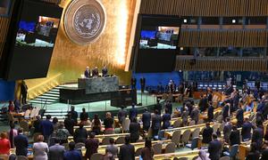 A wide view of the General Assembly Hall as a moment of silent prayer is held during the final plenary meeting of its 78th session.