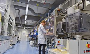 Un miembro del personal del OIEA analiza material en el laboratorio de plutonio de la organización en Austria.