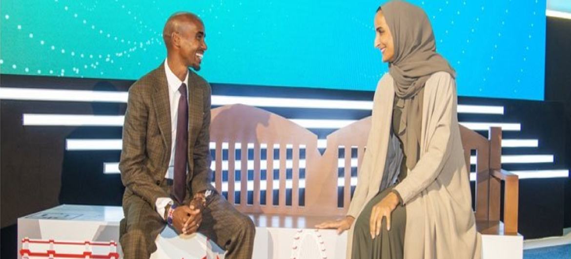 HE Sheikha Hind and Sir Mo Farah unveiled the England bench at the Global Health Innovation Summit