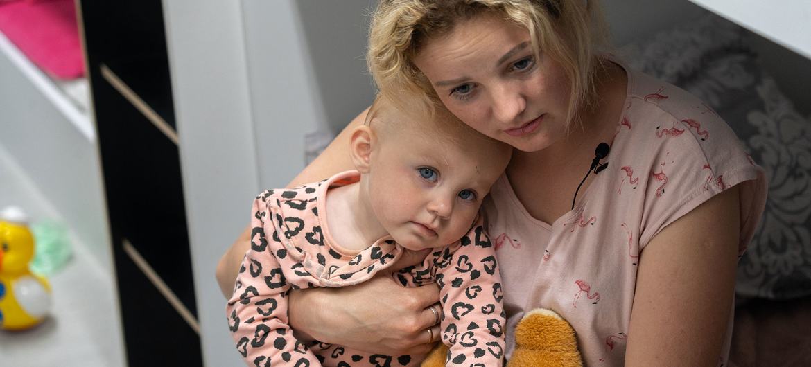 A mother and her child live in a refugee centre in Lviv after they were forced to flee violence in Zaporizhska, Ukraine.