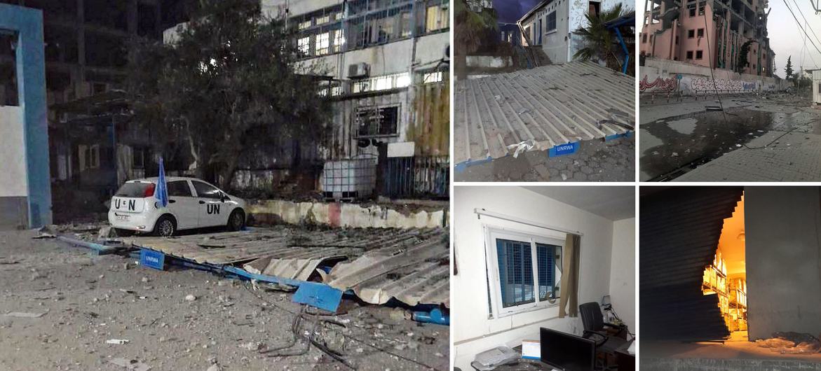 A building housing the UNRWA headquarters in Gaza City sustains significant damage following nearby airstrikes.