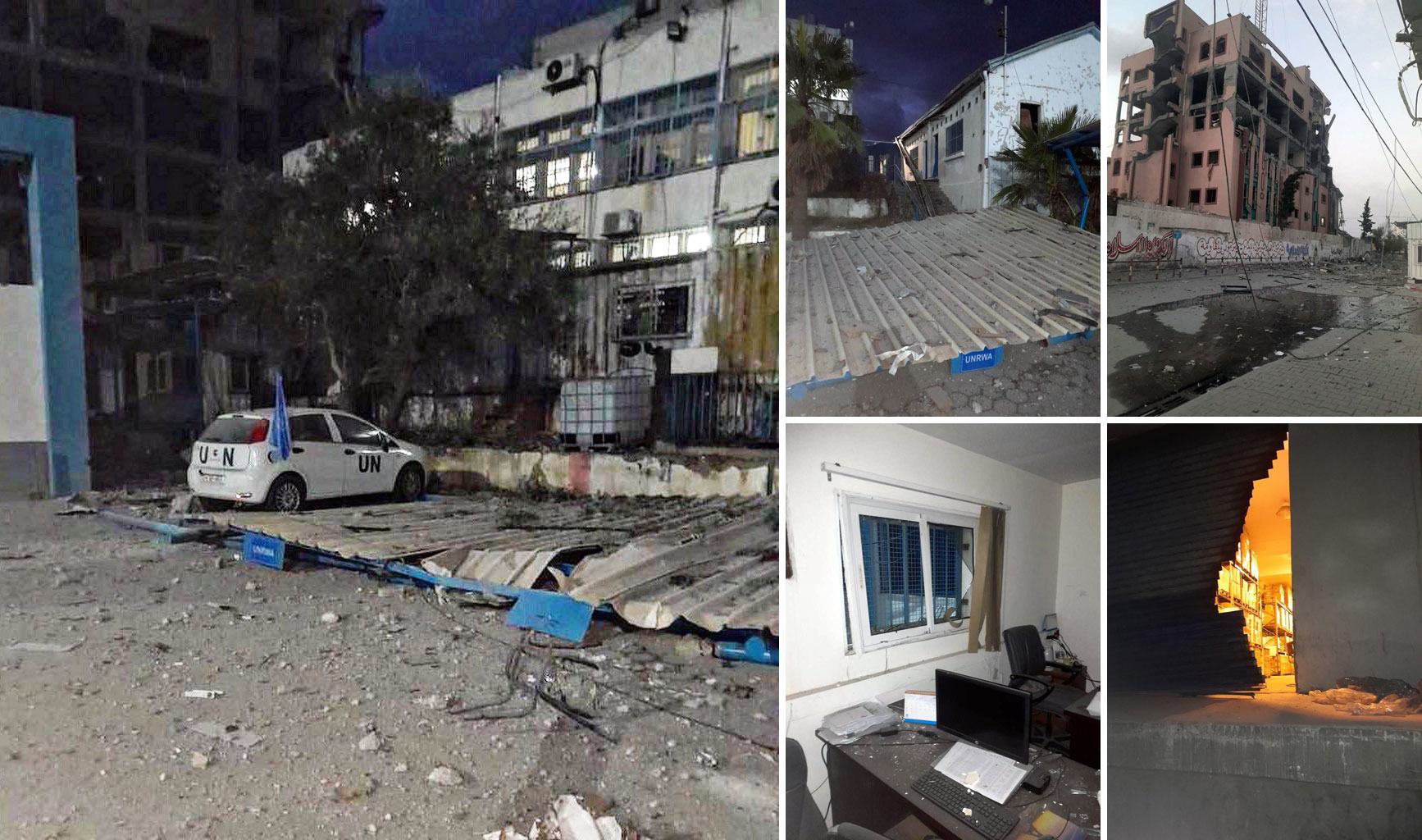 近东救济工程处加沙城总部所在的一栋建筑遭到临近区域空袭的严重破坏。