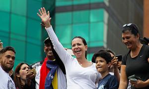 María Corina Machado (centre) participates in a demonstration in Caracas in 2019.