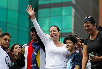 María Corina Machado (centro) participa en una manifestación en Caracas en 2019. María Corina Machado (centro) participa en una manifestación en Caracas en 2019.