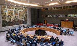 A wide view of the Security Council meeting on threats to international peace and security.