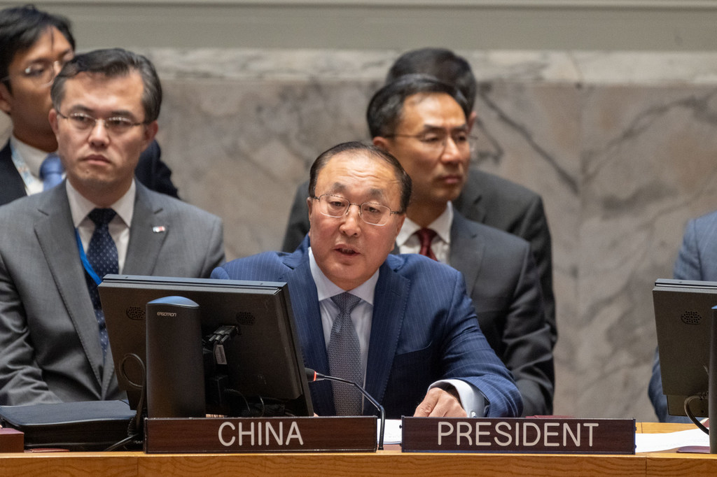 Ambassador Zhang Jun of China addresses the UN Security Council meeting on the situation in the Middle East, including the Palestinian question.