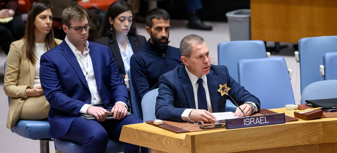 Ambassador Gilad Erdan of Israel addresses the UN Security Council meeting on the situation in the Middle East, including the Palestinian question.