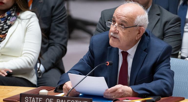 رياض منصور المراقب الدائم لدولة فلسطين لدى الأمم المتحدة، يتحدث أمام مجلس الأمن الدولي.