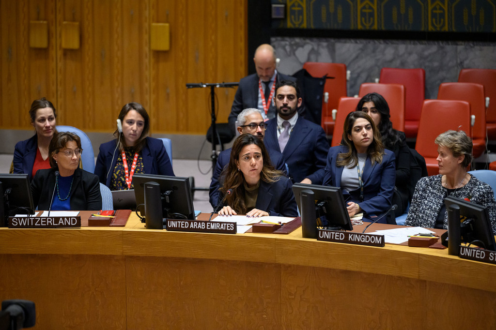 Ambassador Lana Zaki Nusseibeh of the United Arab Emirates addresses the UN Security Council meeting on the situation in the Middle East, including the Palestinian question.