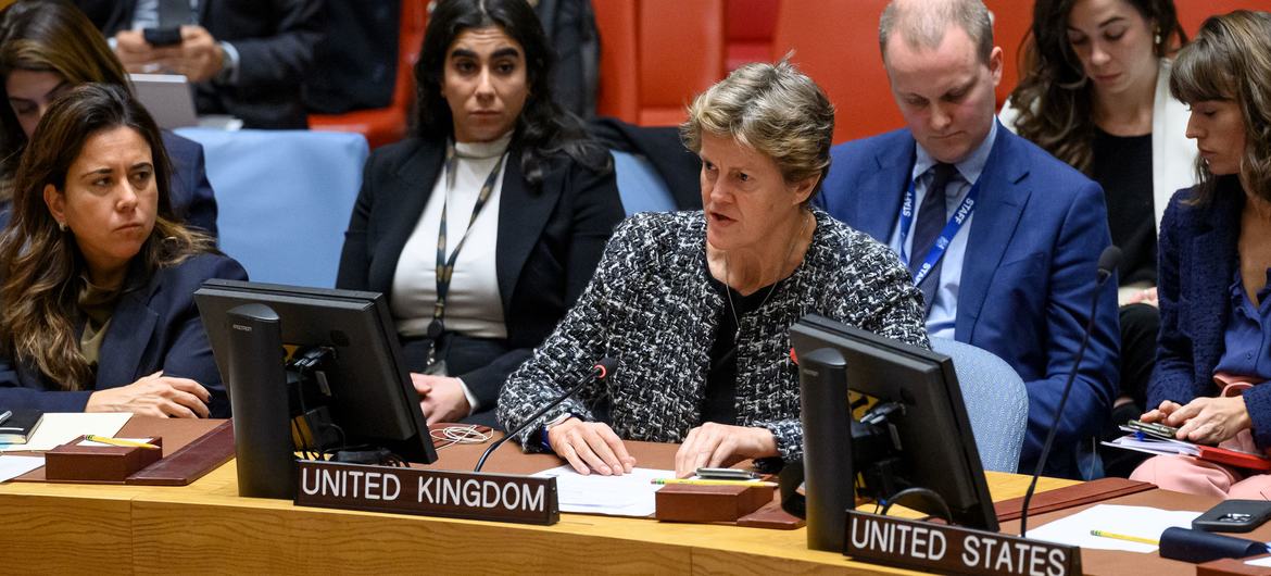 Ambassador Barbara Woodward of the United Kingdom addresses the UN Security Council meeting on the situation in the Middle East, including the Palestinian question.