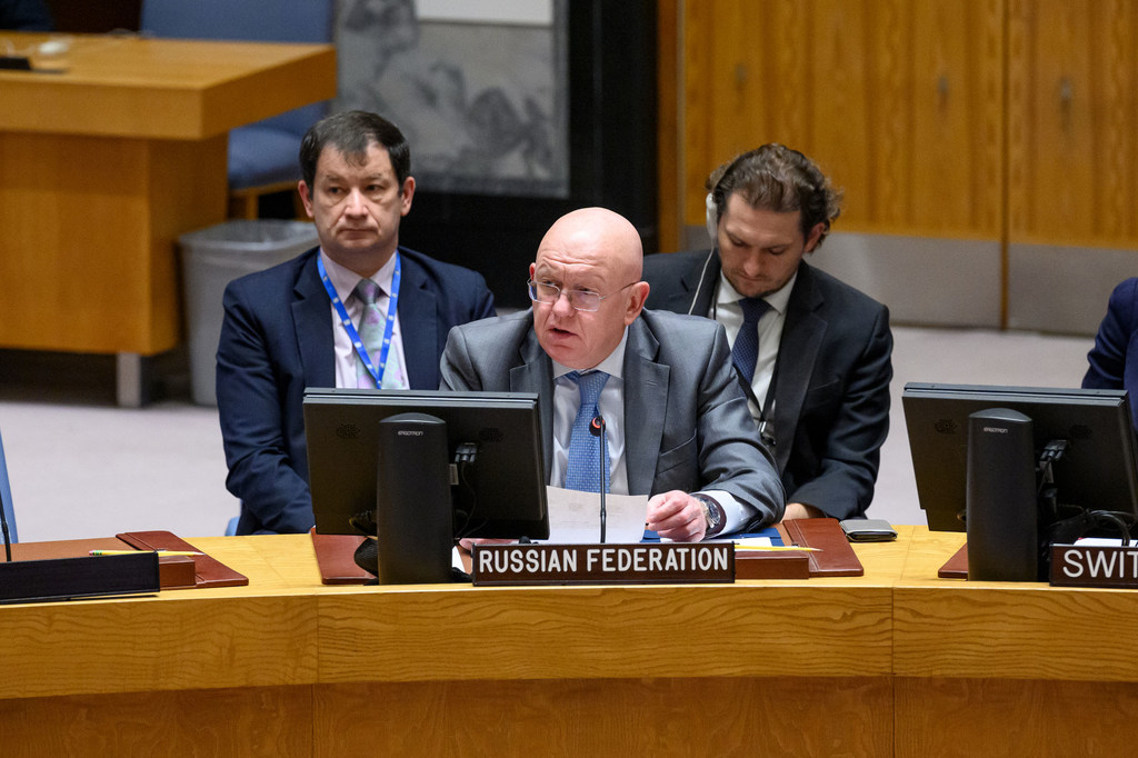 Ambassador Vassily Nebenzia of the Russian Federation addresses the UN Security Council meeting on the situation in the Middle East, including the Palestinian question.