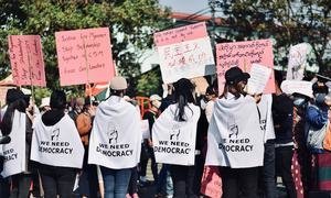 Young people take part in a pro-democracy demonstration in Myanmar.