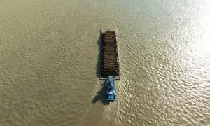An aerial view of a logging ship transporting timber on the Amazon River, highlighting deforestation concerns in Brazil.