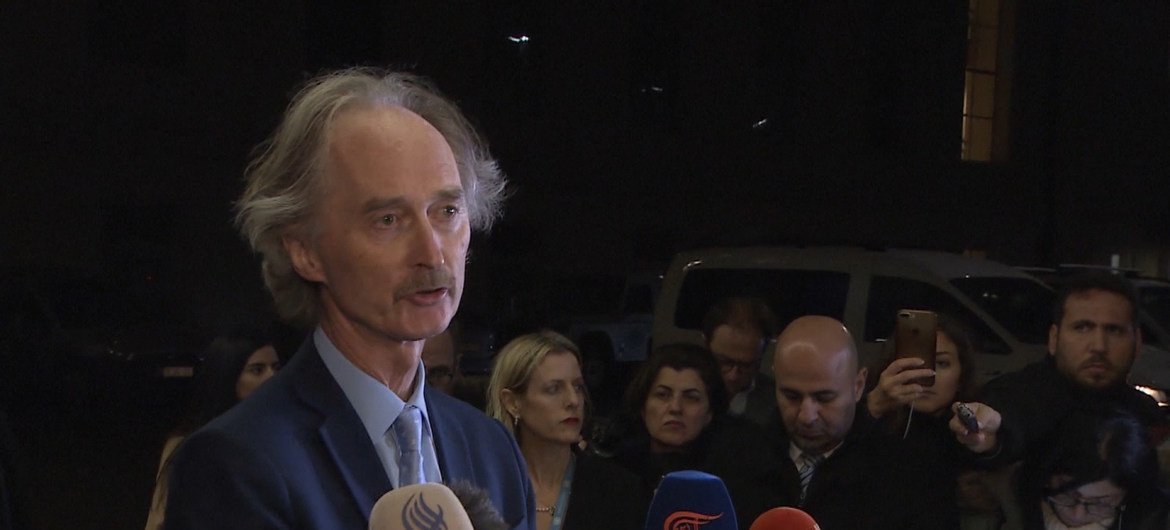 UN Special Envoy for Syria Geir Pedersen briefing reporters in Geneva on consultations over a new Syrian constitution (file).