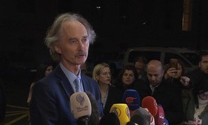 UN Special Envoy for Syria Geir Pedersen briefing reporters in Geneva on consultations over a new Syrian constitution (file).