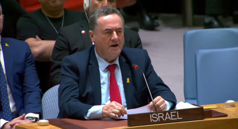 يسرائيل كاتز وزير خارجية إسرائيل يتحدث أمام مجلس الأمن الدولي.