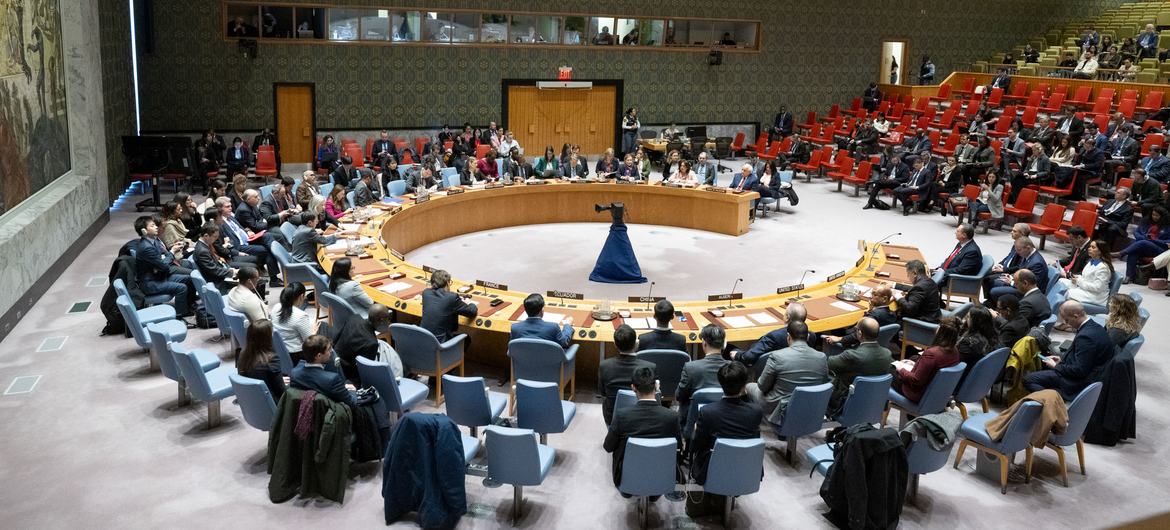 A wide view of the UN Security Council chamber as members meet on the situation in the Middle East, including the Palestinian question.