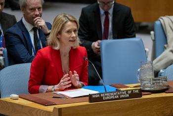 La alta representante de la Unión Europea para Asuntos Exteriores y Política de Seguridad, Kaja Kallas, informa al Consejo de Seguridad.