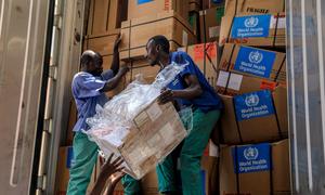 WHO-supported medical supplies are unloaded in Goma, North Kivu, DR Congo.