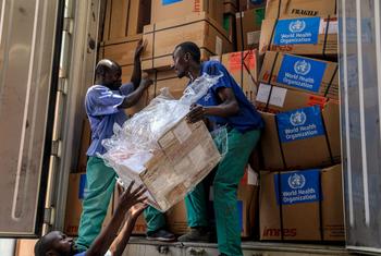 WHO-supported medical supplies are unloaded in Goma, North Kivu, DR Congo.