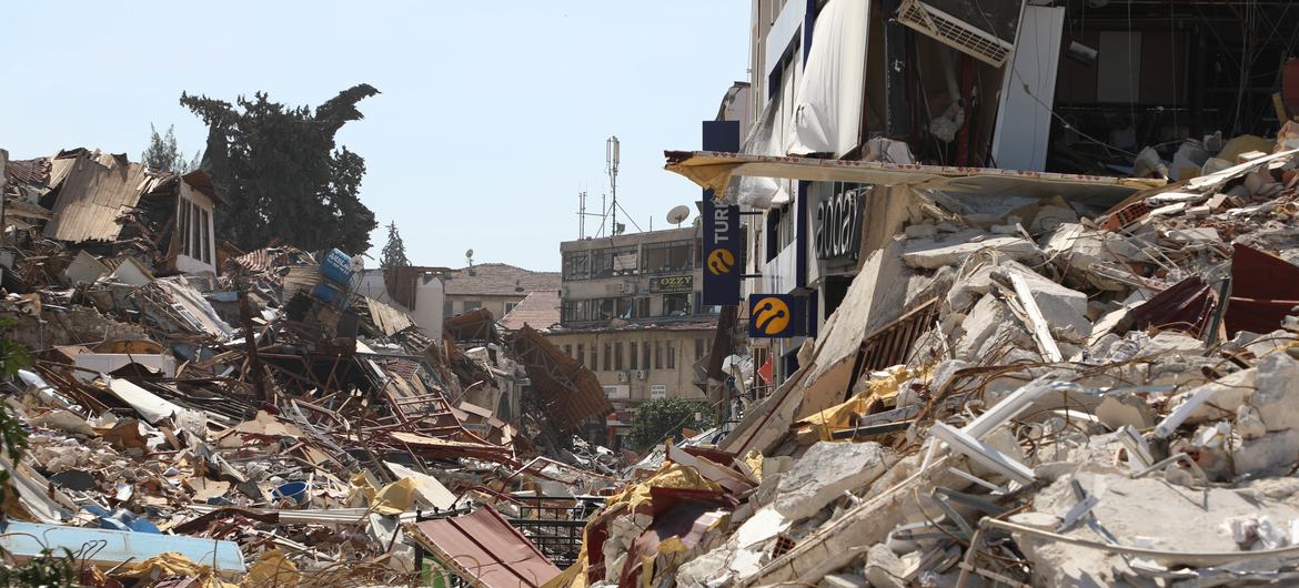 Debris of quake-ruined buildings on one of the central streets of Antakya city, Hatay.