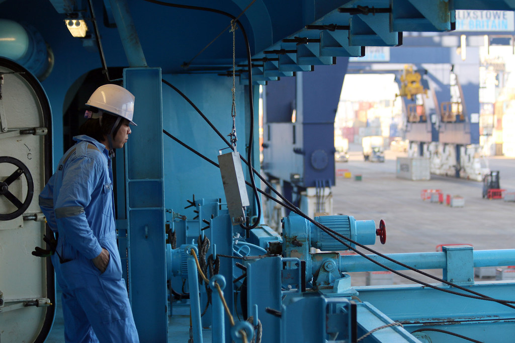 A seafarer on board a ship at Felixstowe Port in England. A seafarer on board a ship at Felixstowe Port in England.