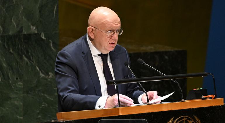 俄罗斯常驻联合国代表涅边贾在联大发言。