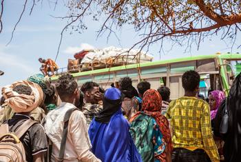 Refugiados somalíes en Goob, Etiopía, esperan para subir a los autobuses que les llevarán al asentamiento de Mirqaan.