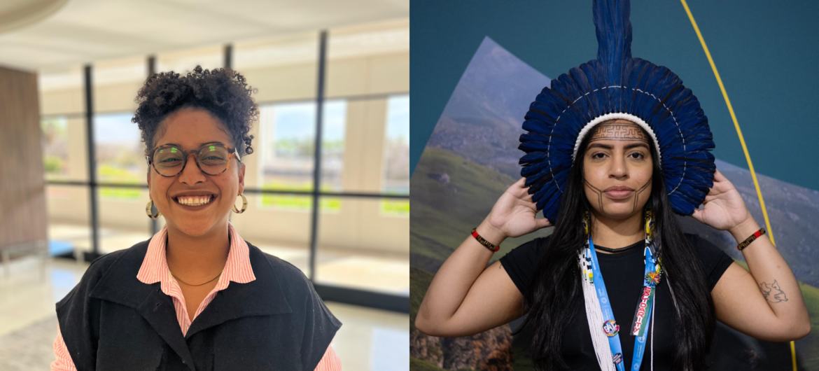 Marcele Oliveira, Campeã da Juventude na COP30 (à esquerda) e Rayane Xipaia, membro do Fórum Internacional dos Povos Indígenas sobre Mudanças Climáticas (à direita)
