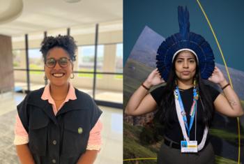 Marcele Oliveira, Campeã da Juventude na COP30 (à esquerda) e Rayane Xipaia, membro do Fórum Internacional dos Povos Indígenas sobre Mudanças Climáticas (à direita)