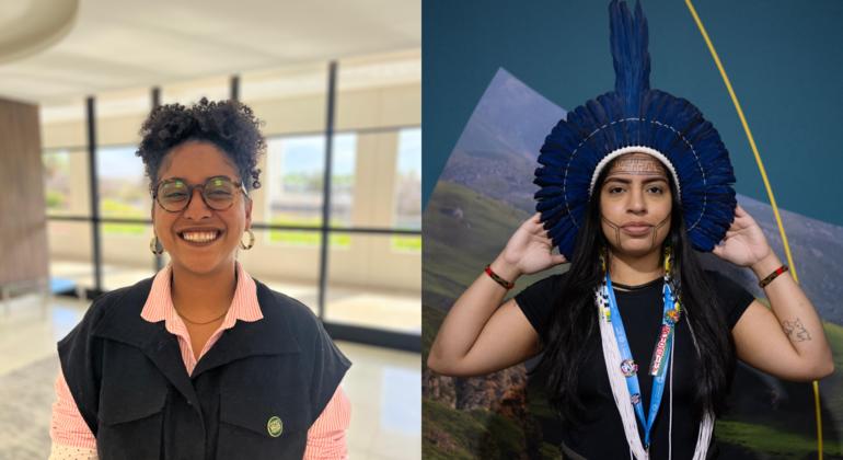 Marcele Oliveira, Campeã da Juventude na COP30 (à esquerda) e Rayane Xipaia, membro do Fórum Internacional dos Povos Indígenas sobre Mudanças Climáticas (à direita)