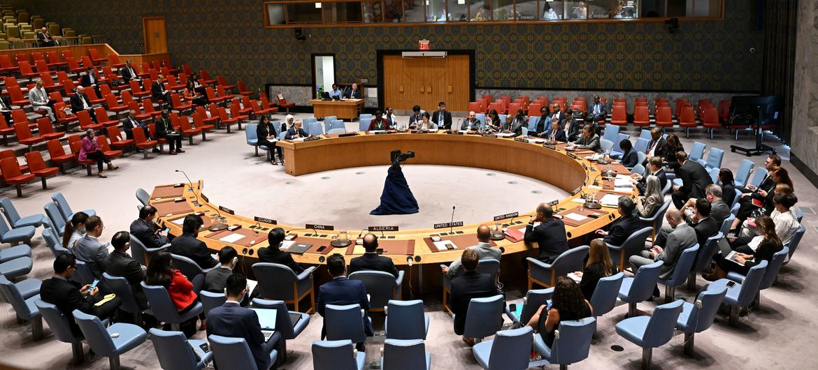 منظر واسع لقاعة مجلس الأمن أثناء اجتماع بشأن الوضع في السودان.